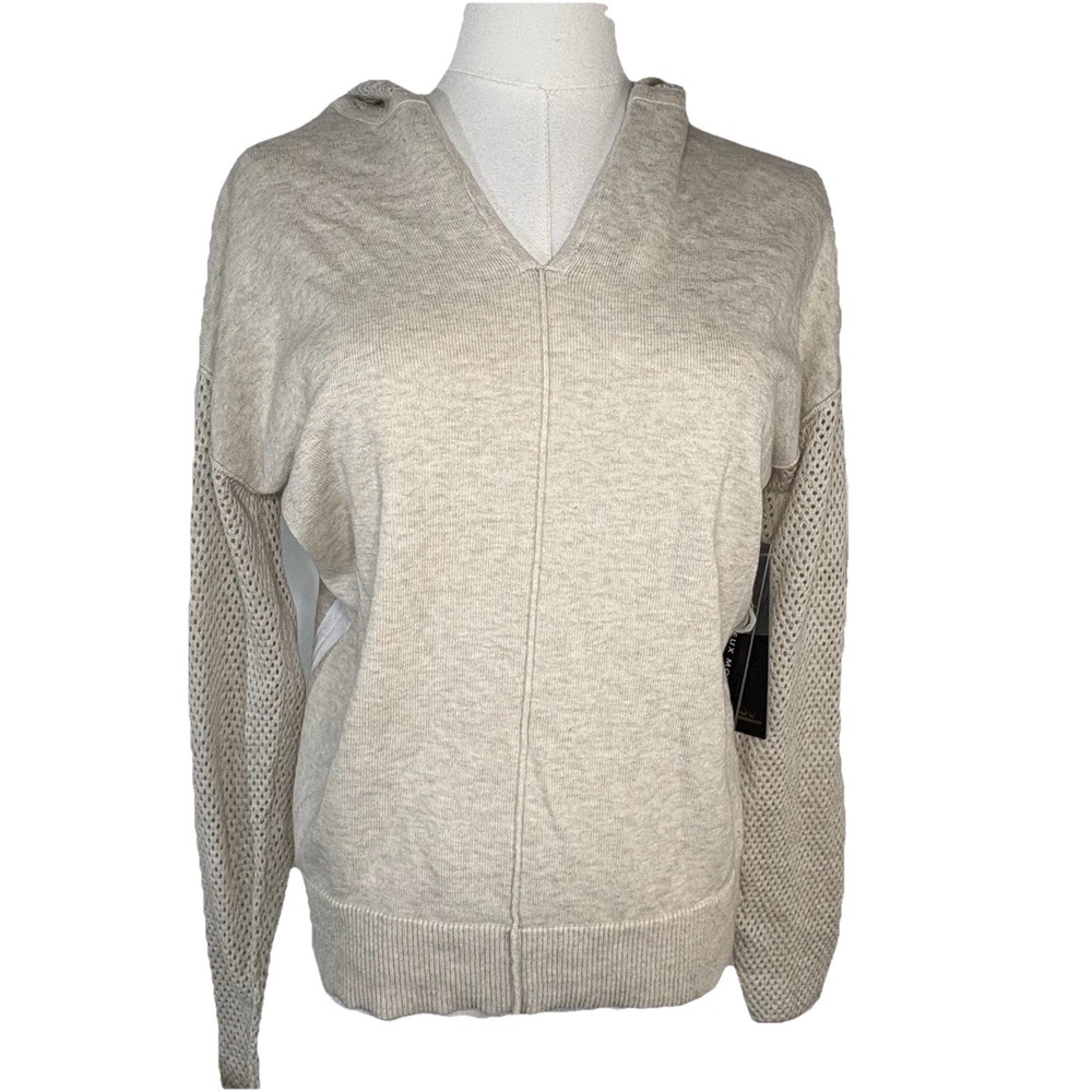 NWT Tribal Women S Beige Hooded V-neck Sweater Knit Mesh Long Sleeve 100% Cotton